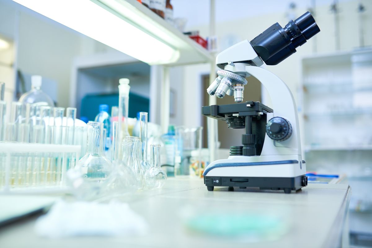 A microscope and glassware on the laboratory bench