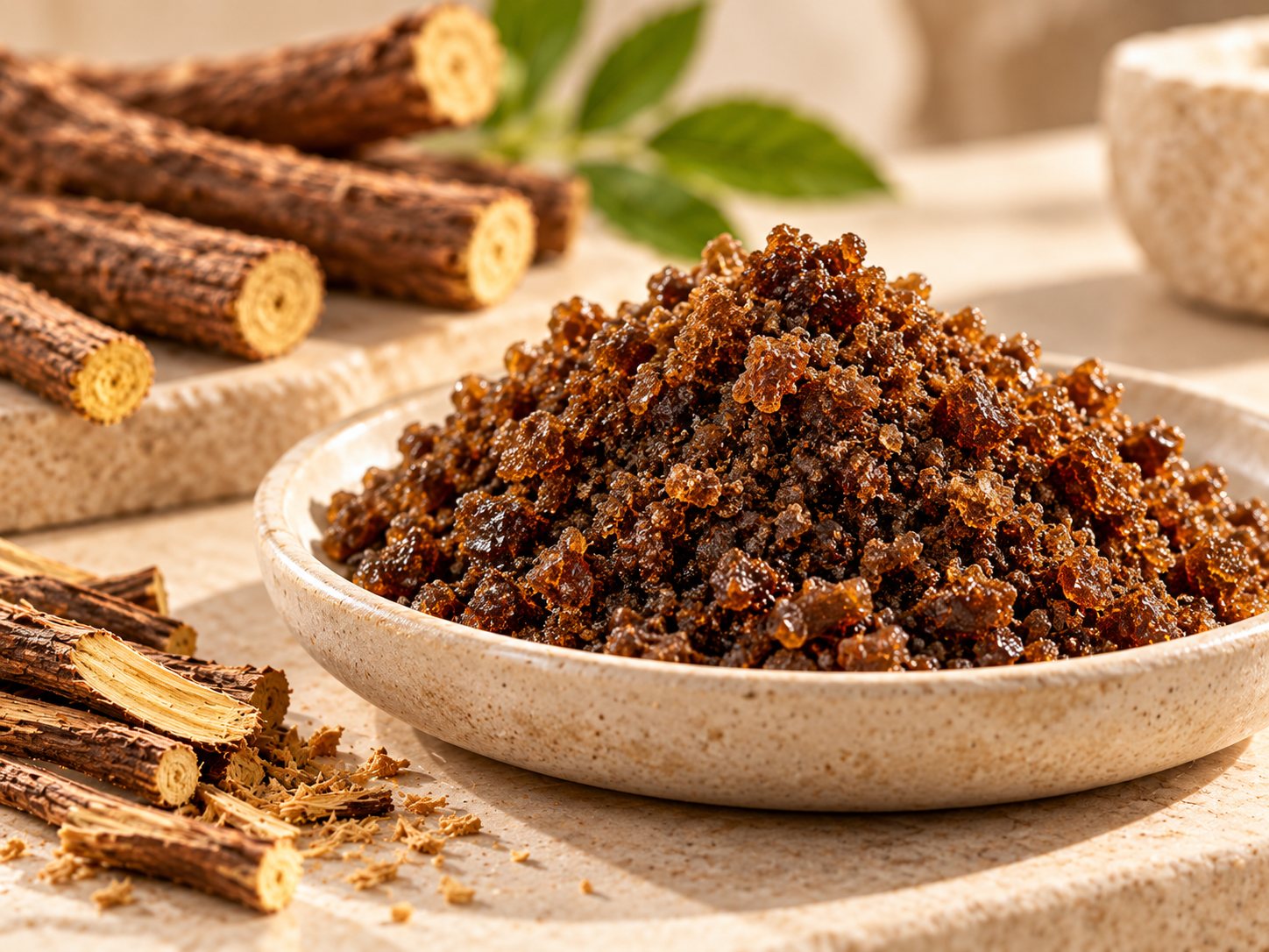 Crude glycyrrhizic acid granules in a stone bowl with licorice root