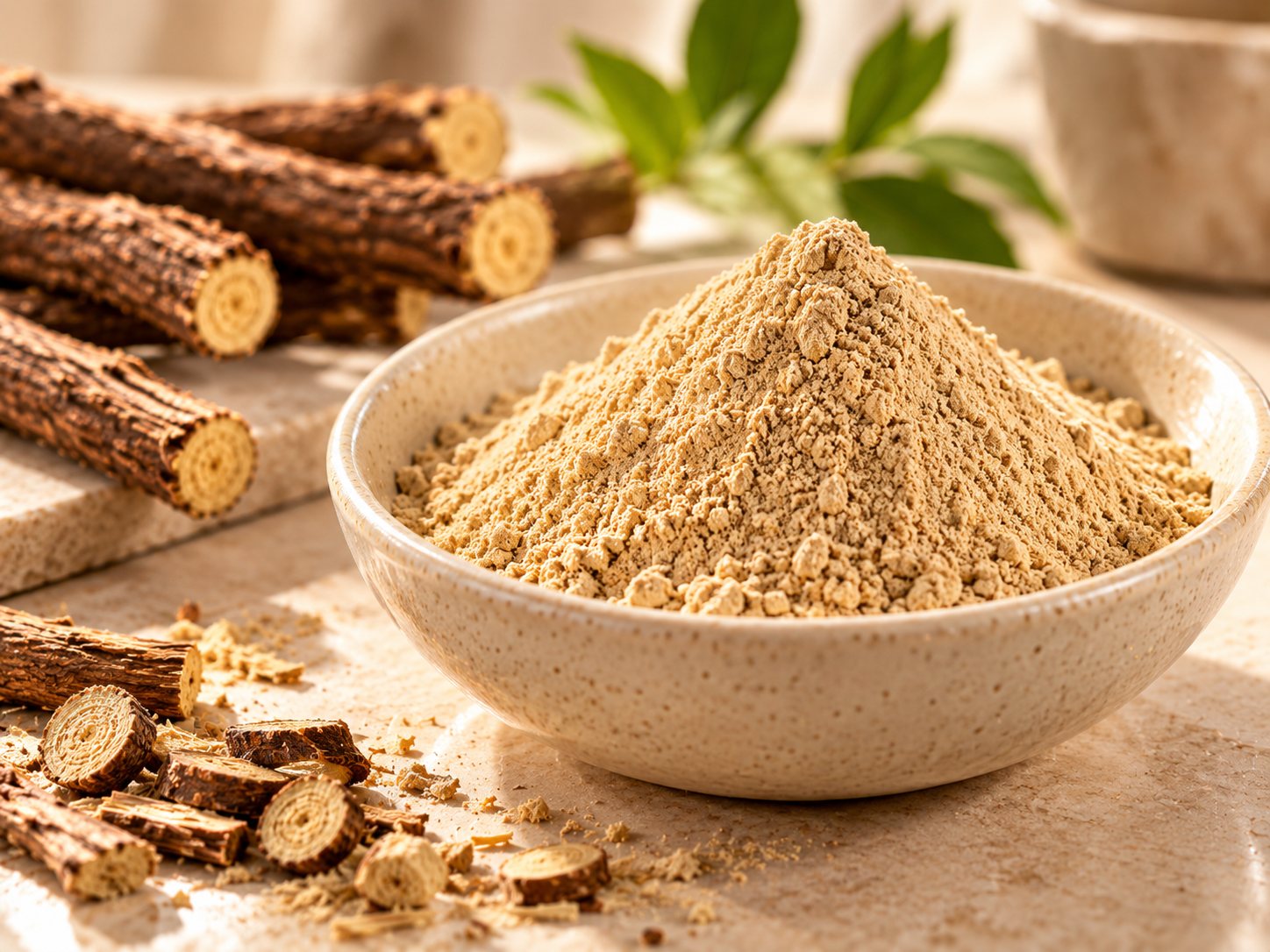 DGL licorice extract powder in a bowl with cut licorice root