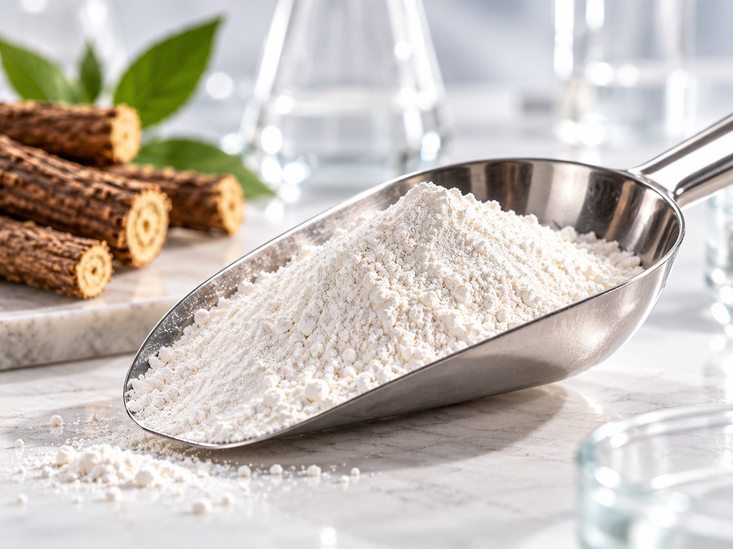 White DPG powder in a steel scoop beside licorice root