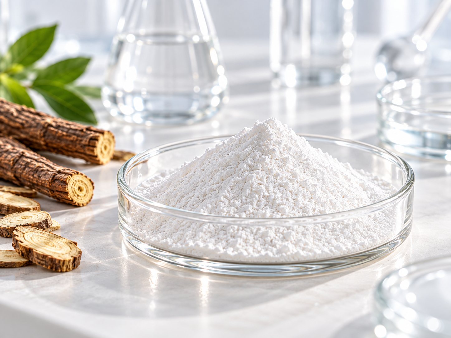White MAG powder in a glass dish beside licorice root