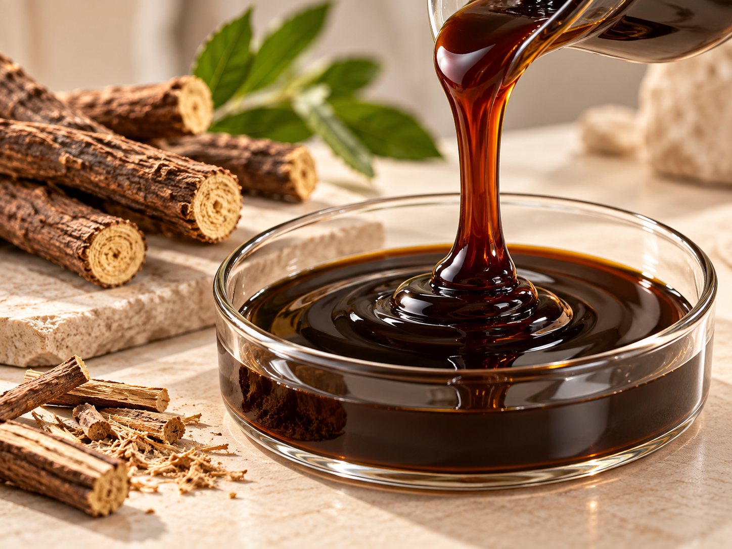 Licorice root extract poured into a glass dish, licorice root sticks beside it