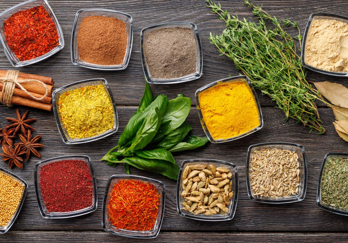 Ground herbs and spices in bowls